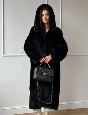 Натуральная черная женская шуба из меха норки Blackglama с капюшоном