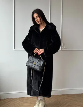 Натуральная черная женская шуба из меха норки Blackglama с капюшоном
