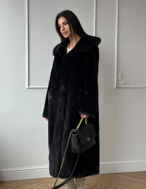 Натуральная черная женская шуба из меха норки Blackglama с капюшоном