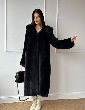 Натуральная черная женская шуба из меха норки Blackglama с капюшоном