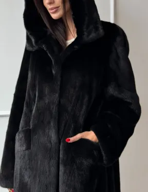 Натуральная черная женская шуба из меха норки Blackglama с капюшоном