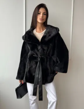 Летучая мышь шуба из меха норки Black с капюшоном - паркет