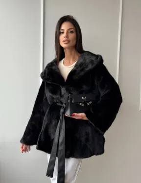 Летучая мышь шуба из меха норки Black с капюшоном - паркет