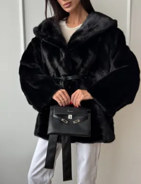 Летучая мышь шуба из меха норки Black с капюшоном - паркет