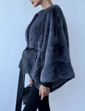 Женское меховое манто - шуба из норки с круглым вырезом, модель  «Летучая мышь»