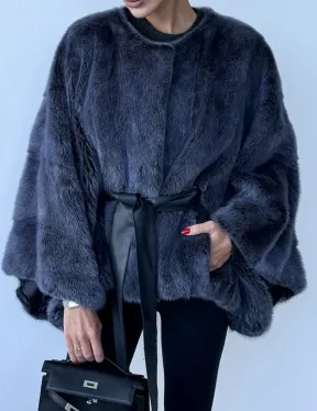 Женское меховое манто - шуба из норки с круглым вырезом, модель  «Летучая мышь»