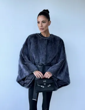 Женское меховое манто - шуба из норки с круглым вырезом, модель  «Летучая мышь»