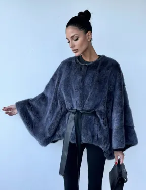 Женское меховое манто - шуба из норки с круглым вырезом, модель  «Летучая мышь»