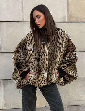 Женское манто из меха оцелота с потайным поясом - модель «Летучая мышь»