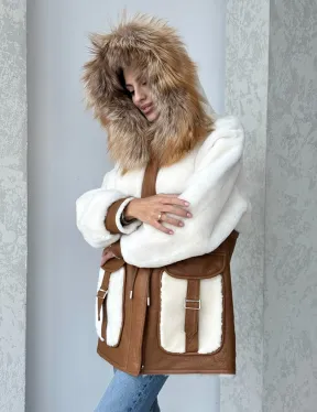 Модная натуральная дубленка из овчины, капюшон с отделкой из меха лисы