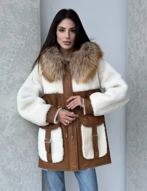 Модная натуральная дубленка из овчины, капюшон с отделкой из меха лисы