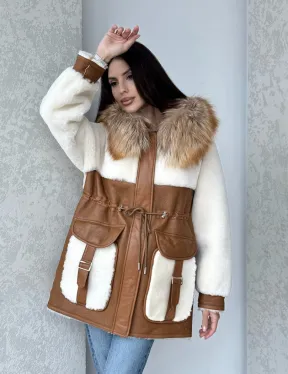 Модная натуральная дубленка из овчины, капюшон с отделкой из меха лисы
