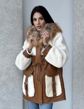 Модная натуральная дубленка из овчины, капюшон с отделкой из меха лисы