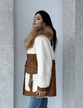 Модная натуральная дубленка из овчины, капюшон с отделкой из меха лисы