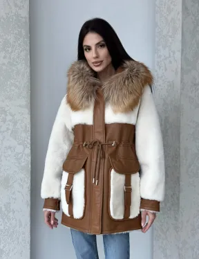 Модная натуральная дубленка из овчины, капюшон с отделкой из меха лисы