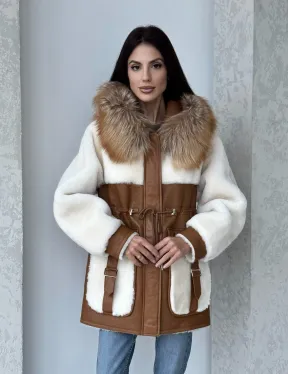 Модная натуральная дубленка из овчины, капюшон с отделкой из меха лисы