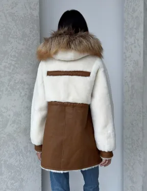 Модная натуральная дубленка из овчины, капюшон с отделкой из меха лисы