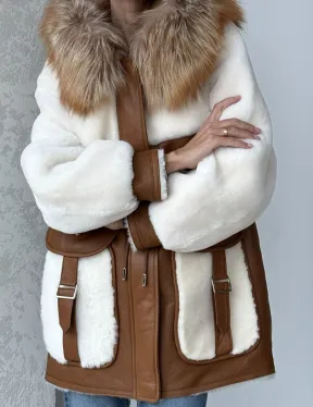 Модная натуральная дубленка из овчины, капюшон с отделкой из меха лисы