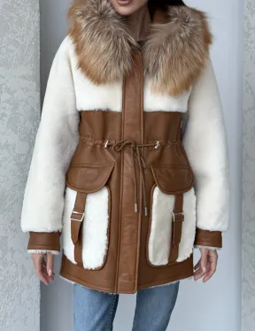 Модная натуральная дубленка из овчины, капюшон с отделкой из меха лисы