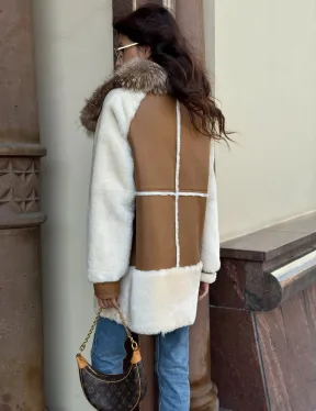 Стильная дублёнка из мериноса с воротником из меха лисы