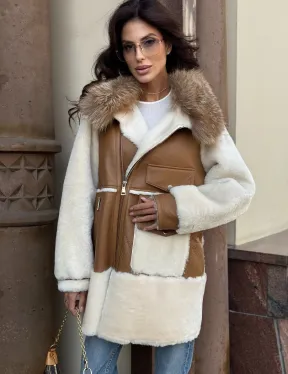 Стильная дублёнка из мериноса с воротником из меха лисы