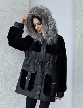 Дубленка женская из овчины на кулиске, капюшон - отделка из чернобурки