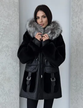 Дубленка женская из овчины на кулиске, капюшон - отделка из чернобурки