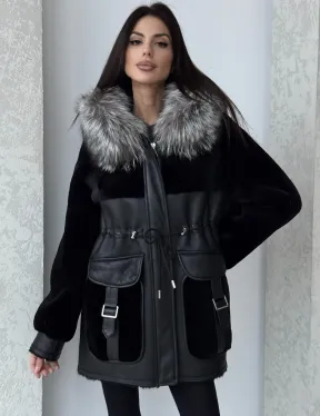 Дубленка женская из овчины на кулиске, капюшон - отделка из чернобурки