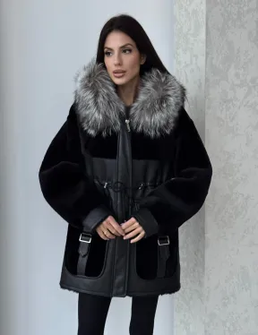 Дубленка женская из овчины на кулиске, капюшон - отделка из чернобурки