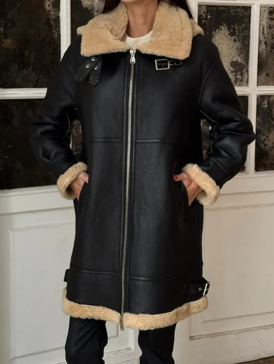 Женская удлиненная дубленка авиатор с отстегивающимся капюшоном