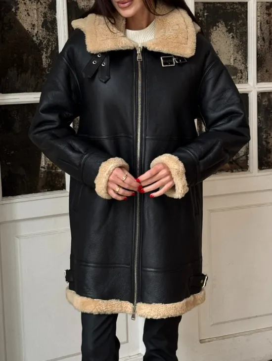 Женская удлиненная дубленка авиатор с отстегивающимся капюшоном