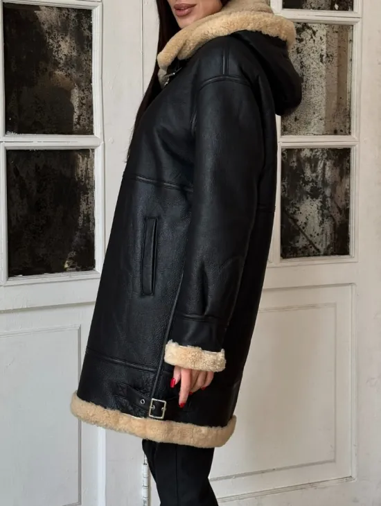 Женская удлиненная дубленка авиатор с отстегивающимся капюшоном