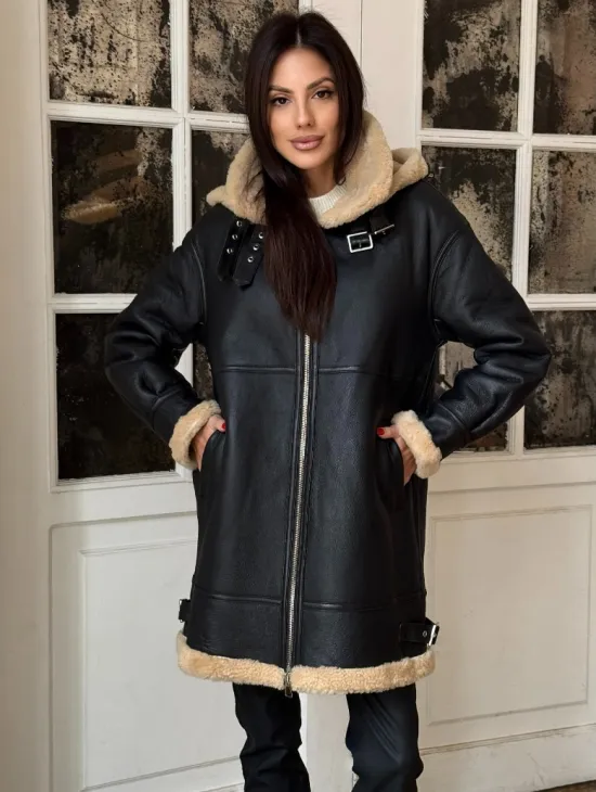 Женская удлиненная дубленка авиатор с отстегивающимся капюшоном