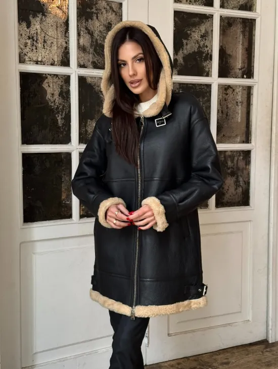 Женская удлиненная дубленка авиатор с отстегивающимся капюшоном