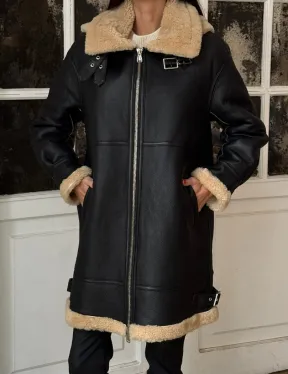 Женская удлиненная дубленка авиатор с отстегивающимся капюшоном