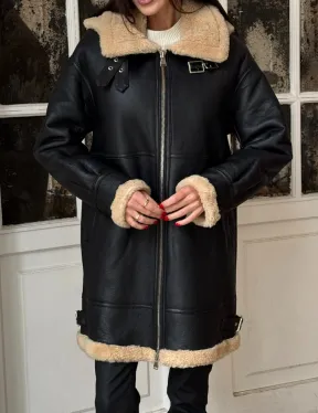 Женская удлиненная дубленка авиатор с отстегивающимся капюшоном