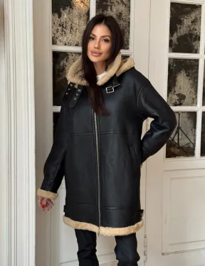 Женская удлиненная дубленка авиатор с отстегивающимся капюшоном