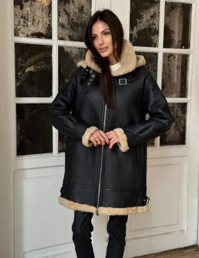 Женская удлиненная дубленка авиатор с отстегивающимся капюшоном