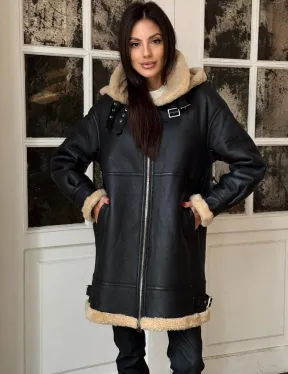 Женская удлиненная дубленка авиатор с отстегивающимся капюшоном