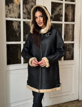 Женская удлиненная дубленка авиатор с отстегивающимся капюшоном