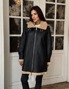 Женская удлиненная дубленка авиатор с отстегивающимся капюшоном