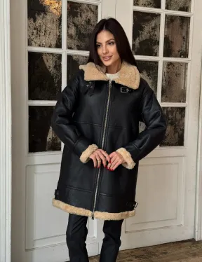 Женская удлиненная дубленка авиатор с отстегивающимся капюшоном