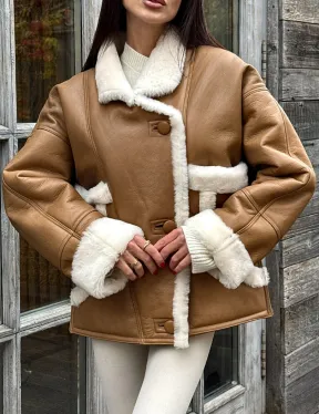 Модная куртка - дубленка в стиле «Oversize» на пуговицах и манжетами на рукавах