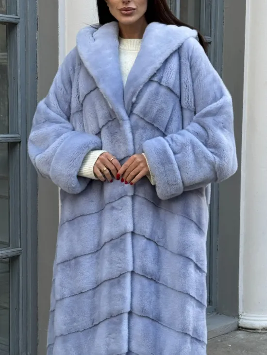 Шуба кимоно LUXURY FASHION из меха голубой норки с капюшоном
