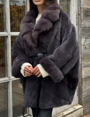 Шуба Летучая мышь из норки Graphite с английским воротником из меха куницы