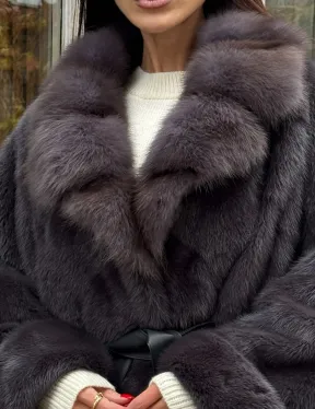 Шуба Летучая мышь из норки Graphite с английским воротником из меха куницы