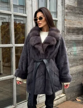Шуба Летучая мышь из норки Graphite с английским воротником из меха куницы