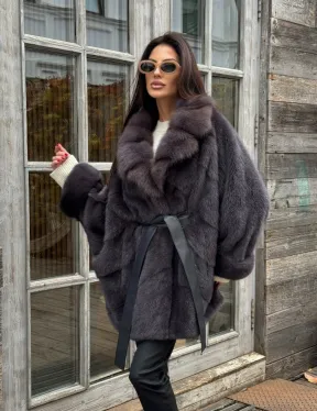 Шуба Летучая мышь из норки Graphite с английским воротником из меха куницы