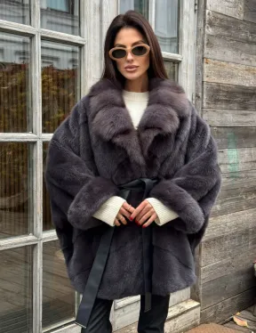 Шуба Летучая мышь из норки Graphite с английским воротником из меха куницы