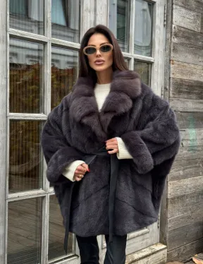 Шуба Летучая мышь из норки Graphite с английским воротником из меха куницы